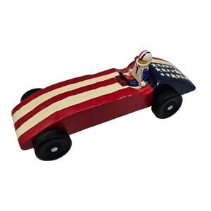 Vintage Y2K Pinewood Derby Wooden Wood Carved Car Patriotic Painted Flag